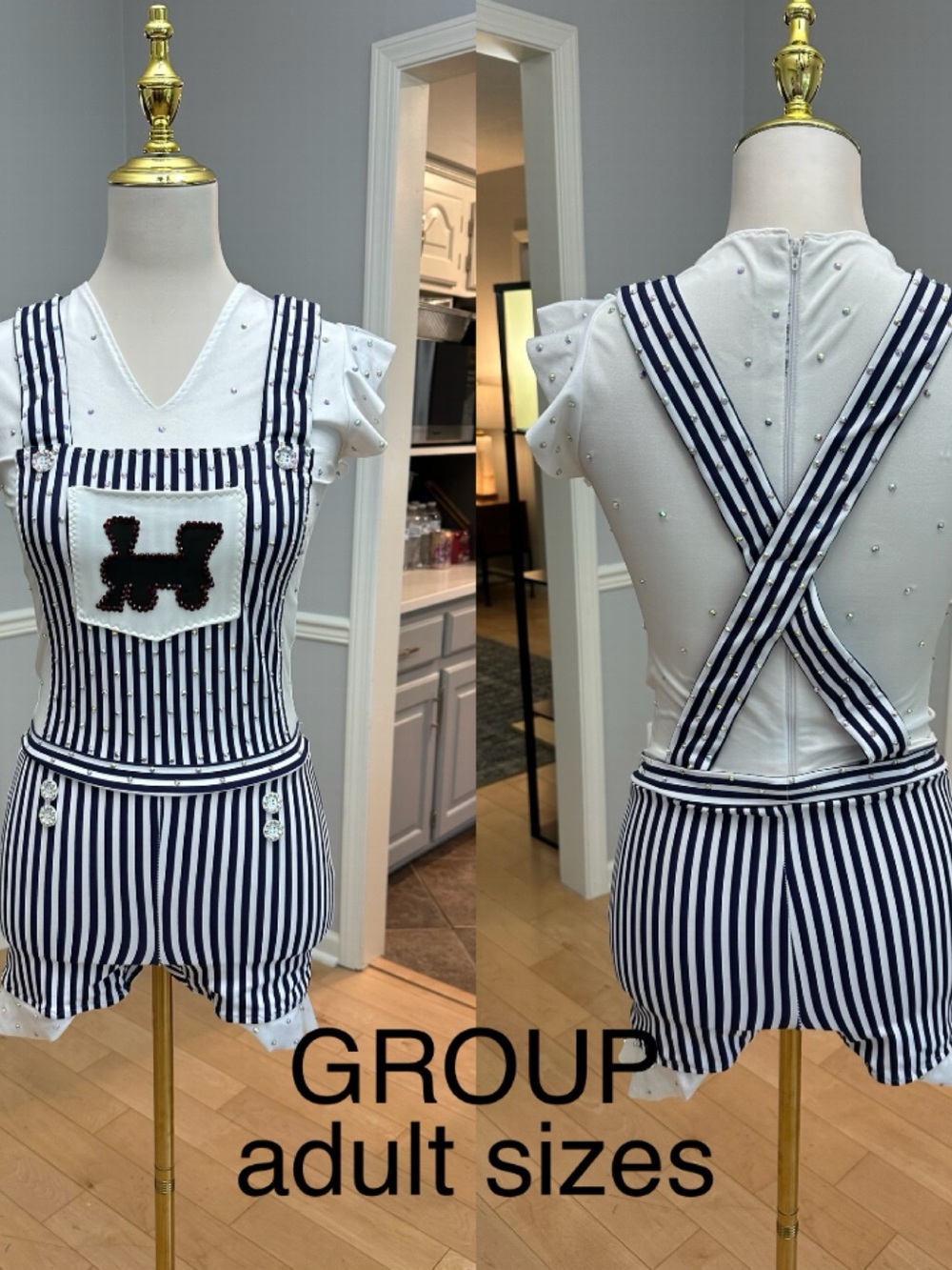 Striped Train Navy & White Romper Overalls with Pup